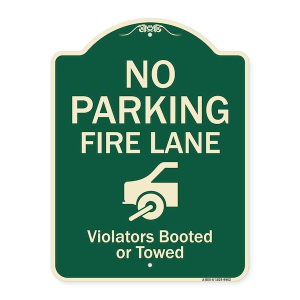 Designer Series-No Parking Fire Lane With Graphic Violators Booted Or Towed, 24" x 18", G-1824-9962